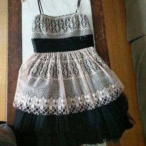 Black and Peach Pink Semi Formal Strapless Dresa